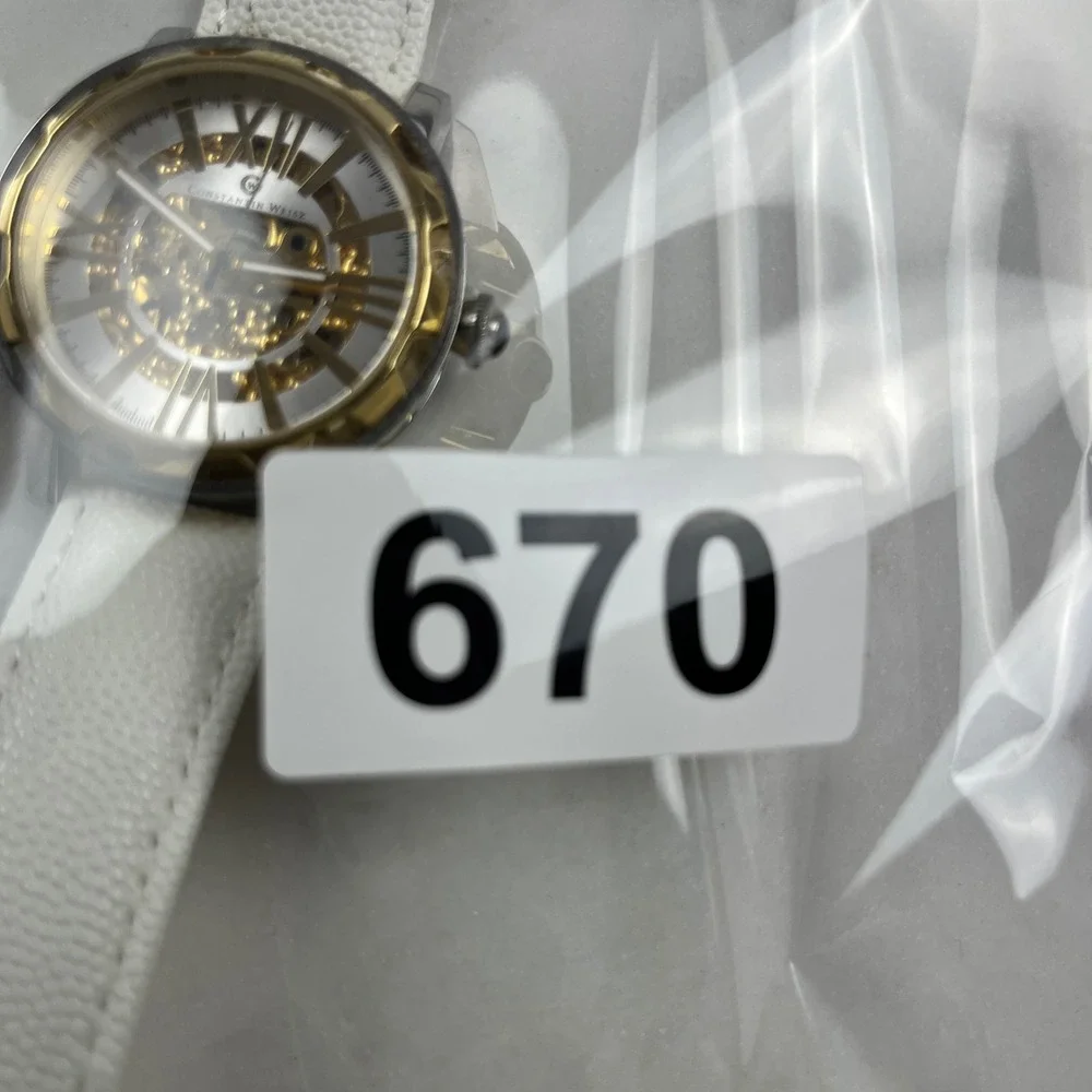 Constantin Weisz Skeleton Automatic Watch Men 42mm White Leather Gold Silver